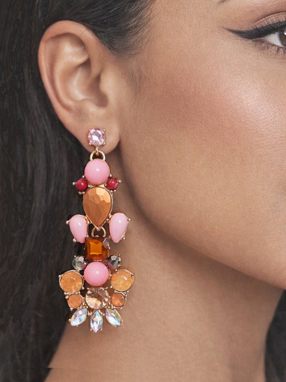 3" Runway Couture Earrings – Pink & Apricot Gold Geo Crystal Cabochon Dangle